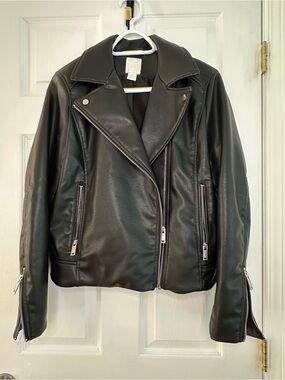 H&M Black Faux Leather Moto Jacket with Silver Hardware